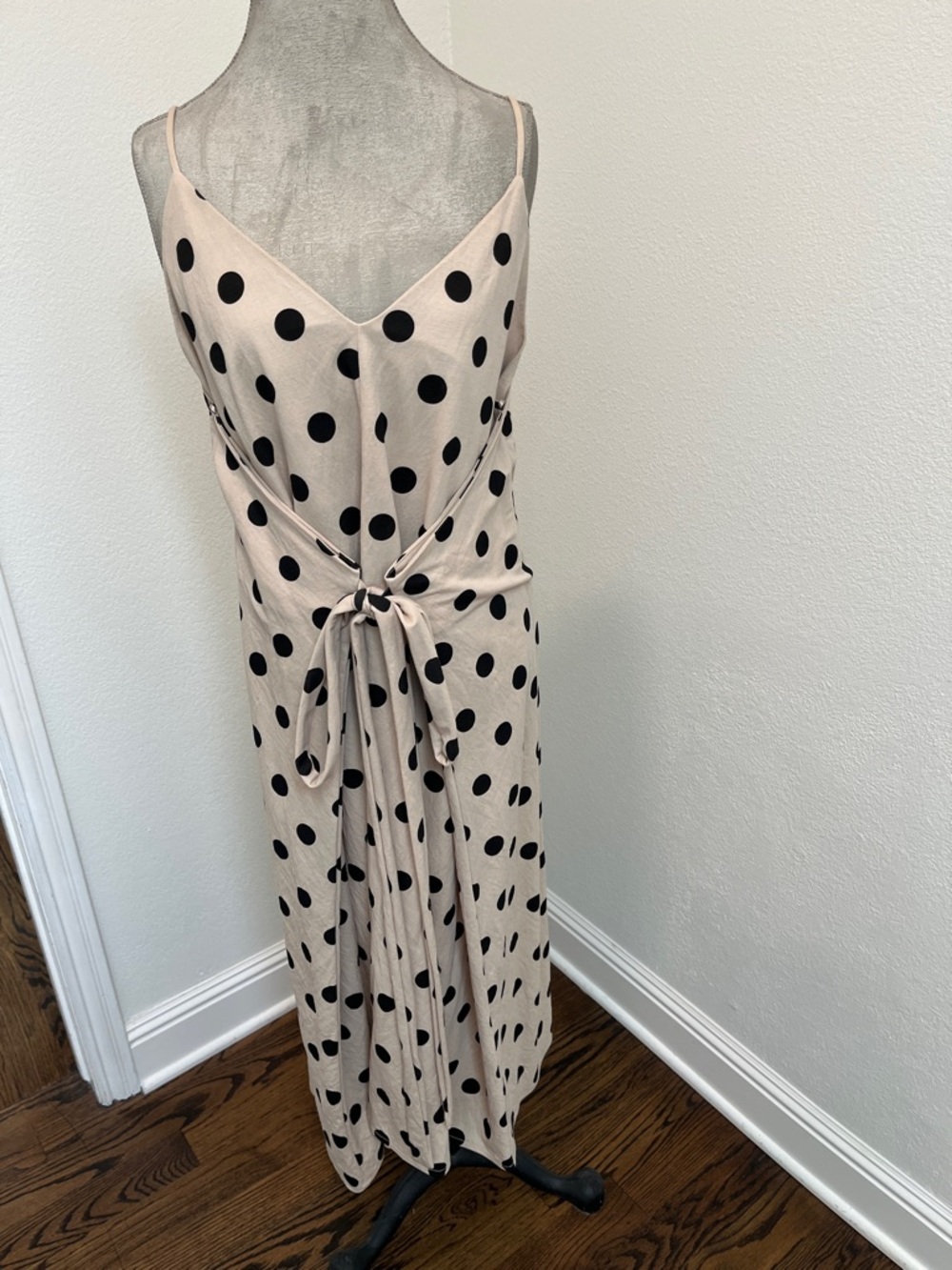 Zara Beige Maxi Slip Dress with Black Polka Dots